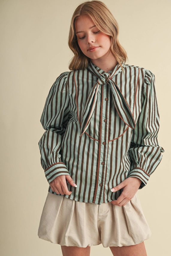 STRIPED TYING NECK BUTTON DOWN TOP