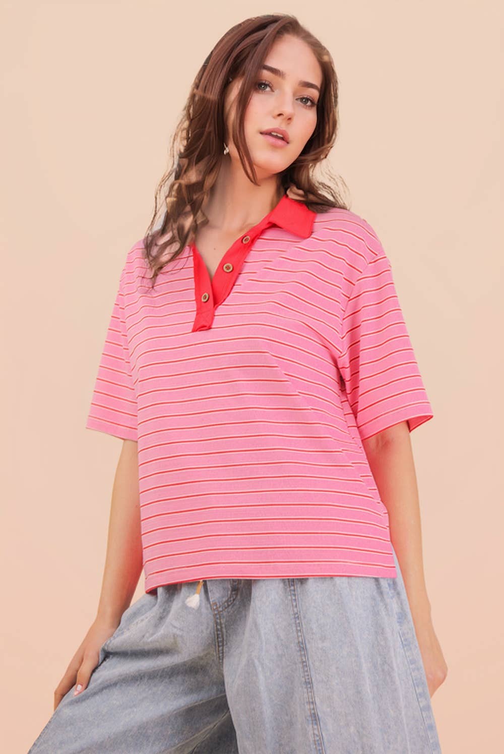 Oversized Stripe Knit Top W/ Cont Collar: PINK MIX