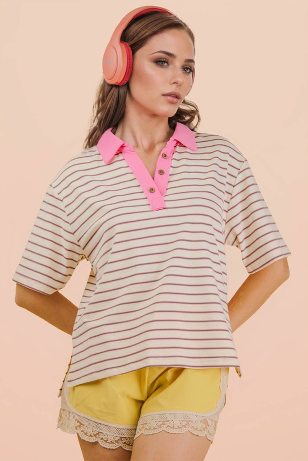 Oversized Stripe Knit Top W/ Cont Collar: White mix