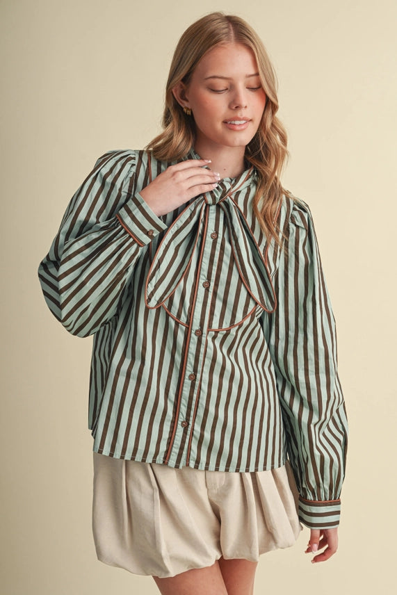 STRIPED TYING NECK BUTTON DOWN TOP