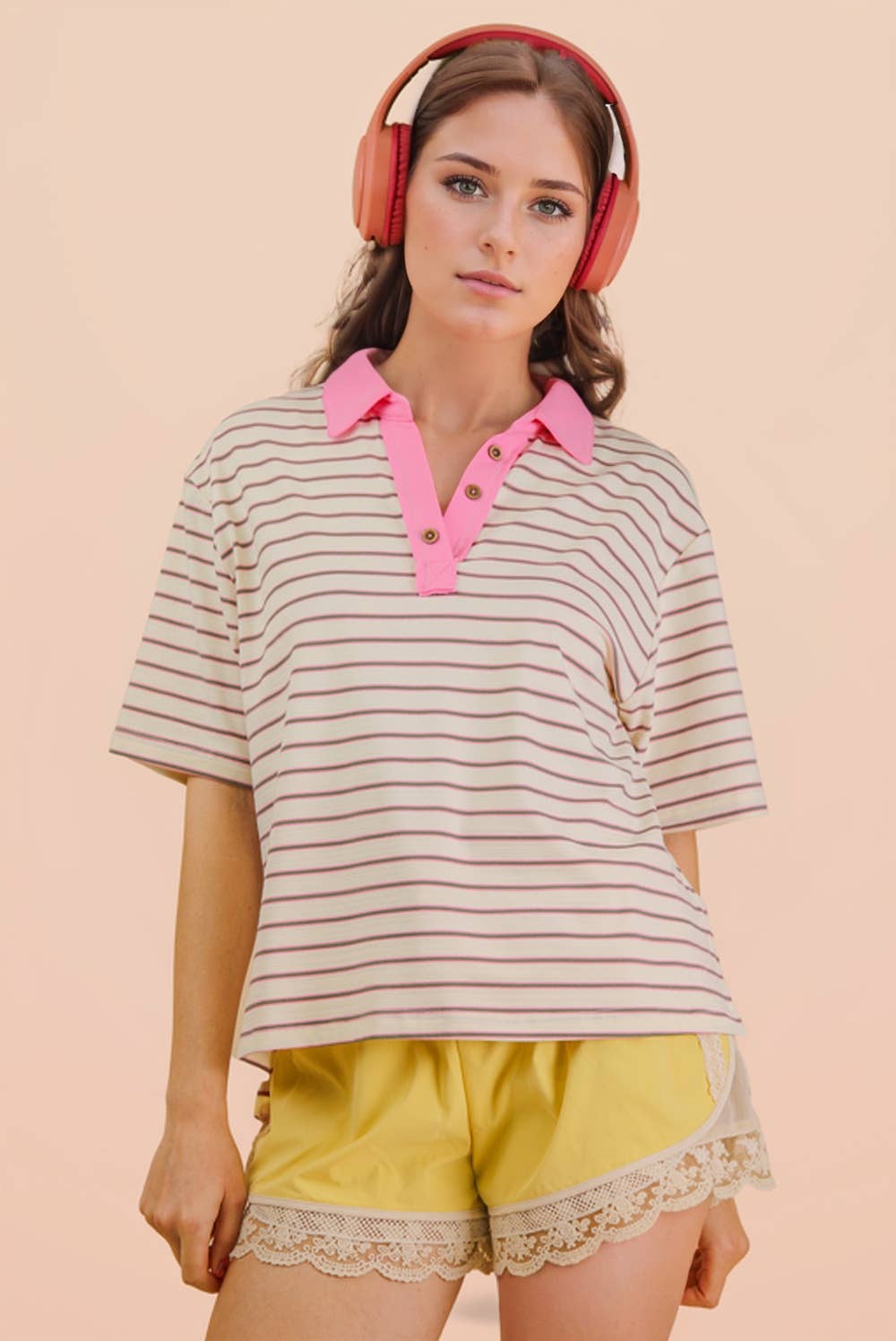 Oversized Stripe Knit Top W/ Cont Collar: White mix