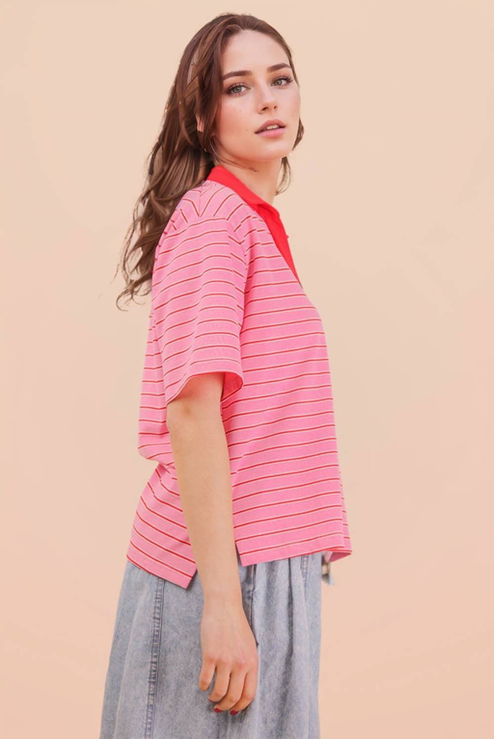 Oversized Stripe Knit Top W/ Cont Collar: PINK MIX