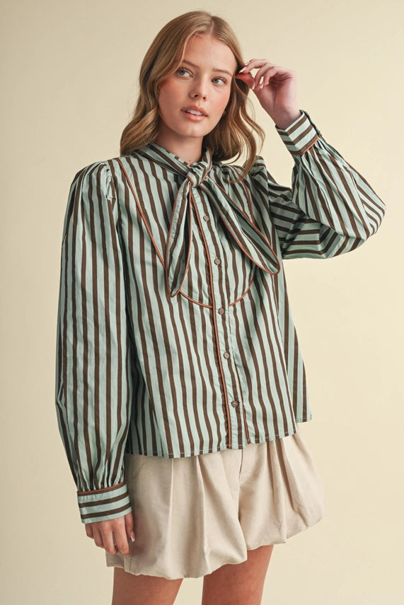 STRIPED TYING NECK BUTTON DOWN TOP