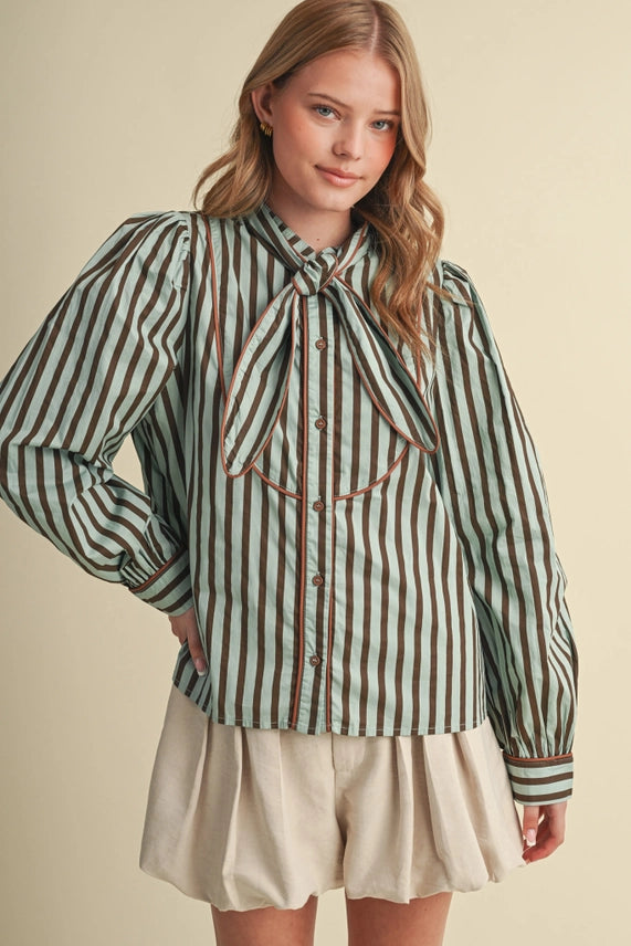 STRIPED TYING NECK BUTTON DOWN TOP