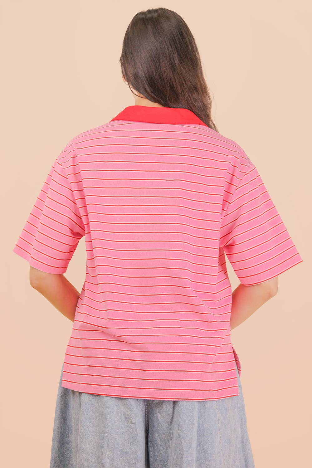 Oversized Stripe Knit Top W/ Cont Collar: PINK MIX