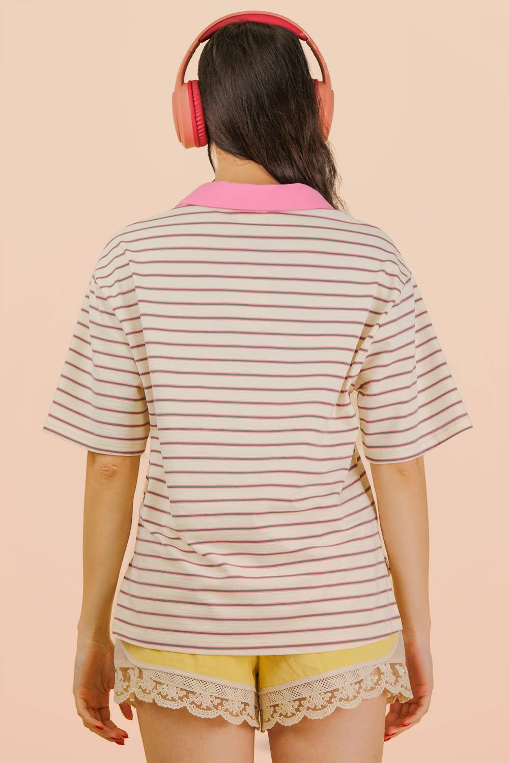 Oversized Stripe Knit Top W/ Cont Collar: White mix