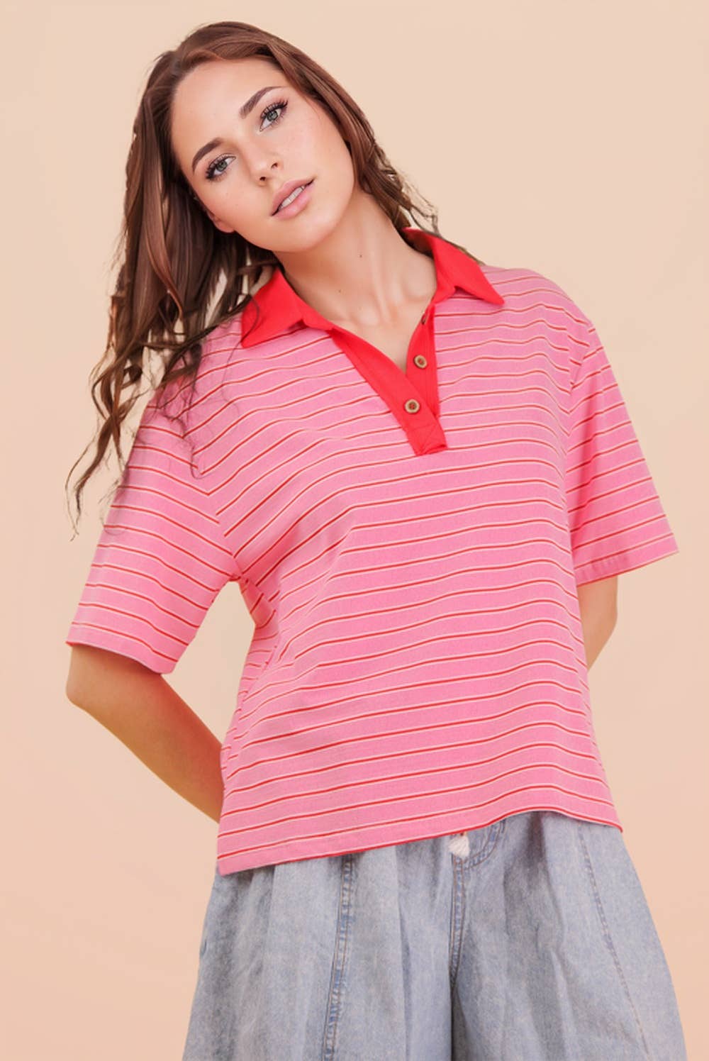Oversized Stripe Knit Top W/ Cont Collar: PINK MIX
