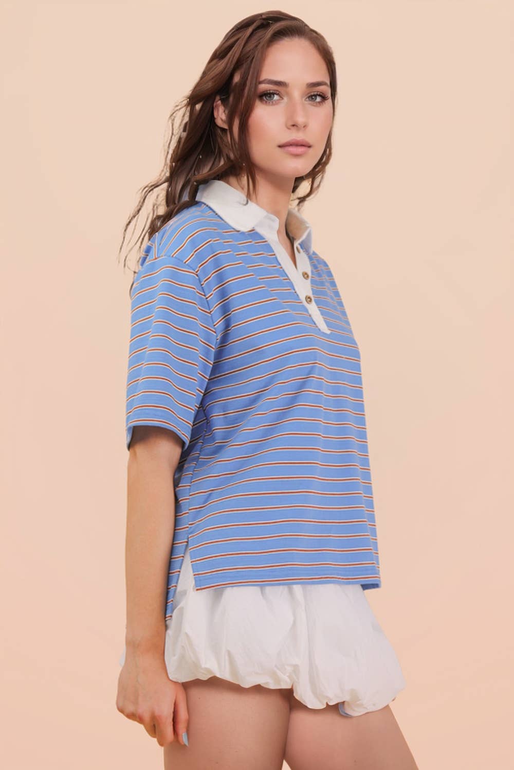Oversized Stripe Knit Top W/ Cont Collar: BLUE MIX