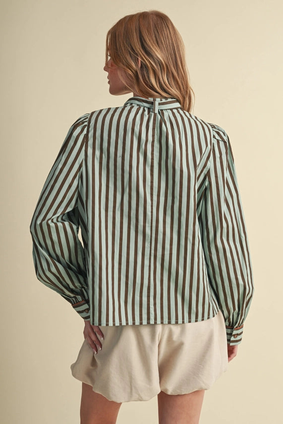 STRIPED TYING NECK BUTTON DOWN TOP