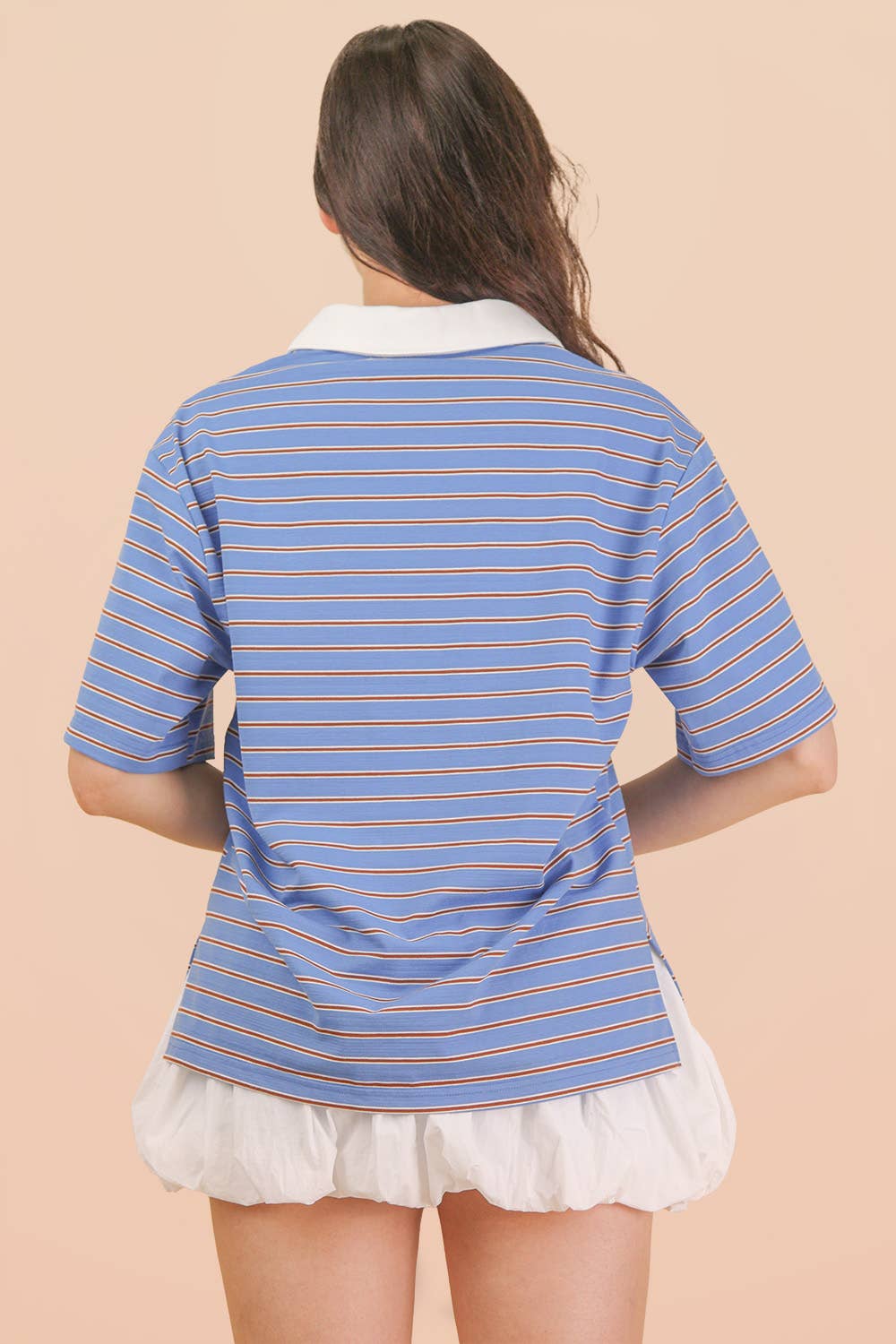 Oversized Stripe Knit Top W/ Cont Collar: BLUE MIX
