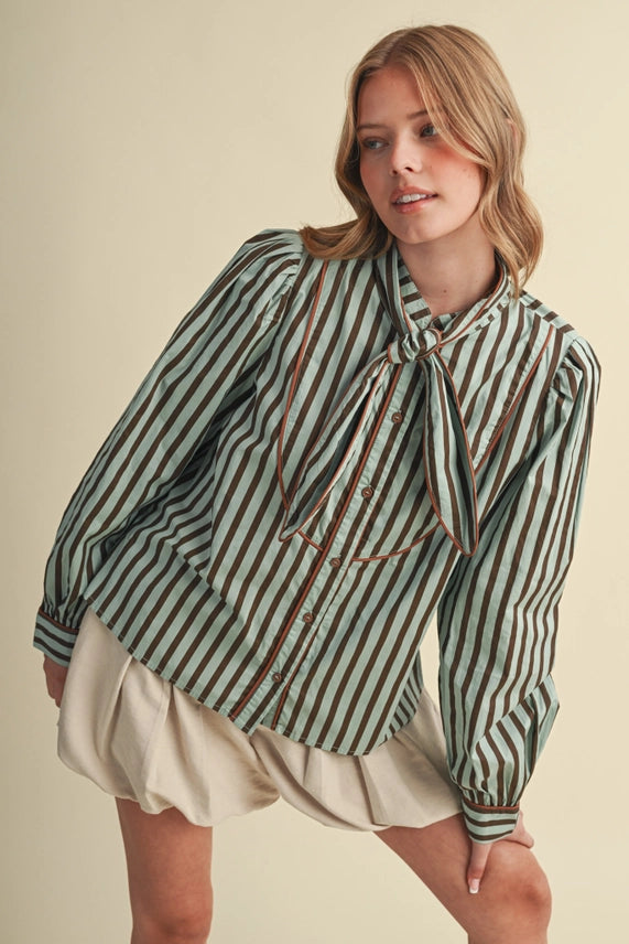 STRIPED TYING NECK BUTTON DOWN TOP