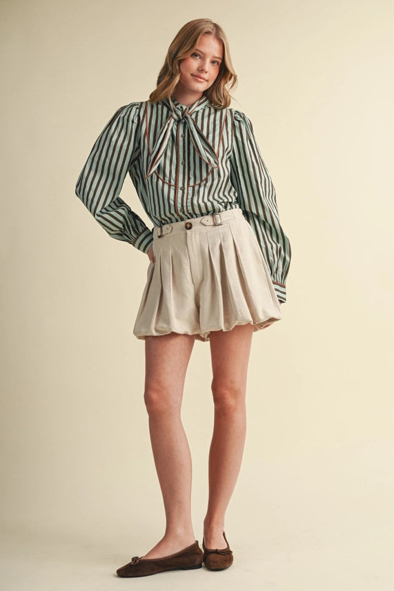STRIPED TYING NECK BUTTON DOWN TOP