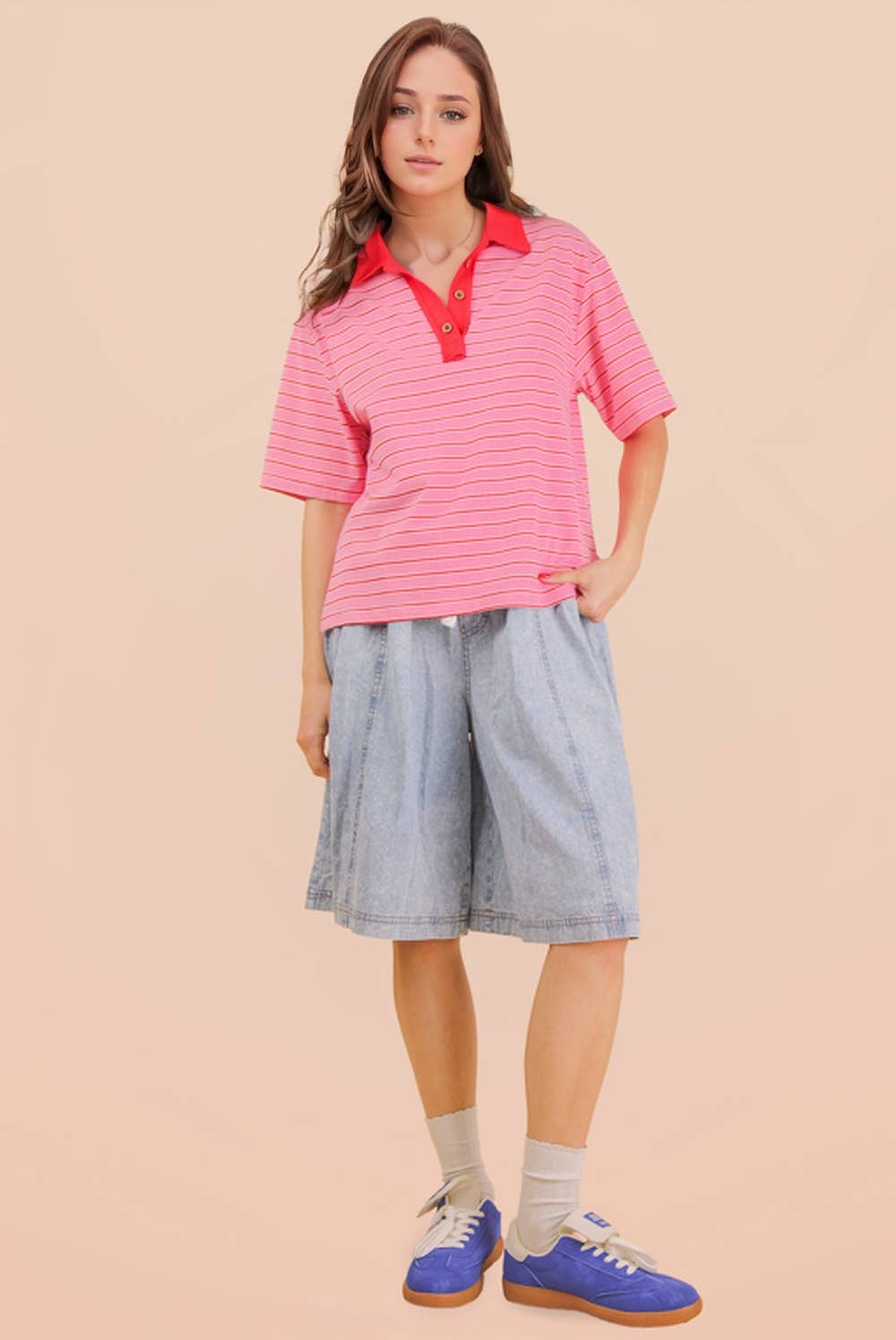 Oversized Stripe Knit Top W/ Cont Collar: PINK MIX