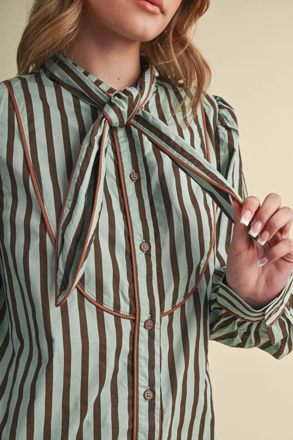 STRIPED TYING NECK BUTTON DOWN TOP