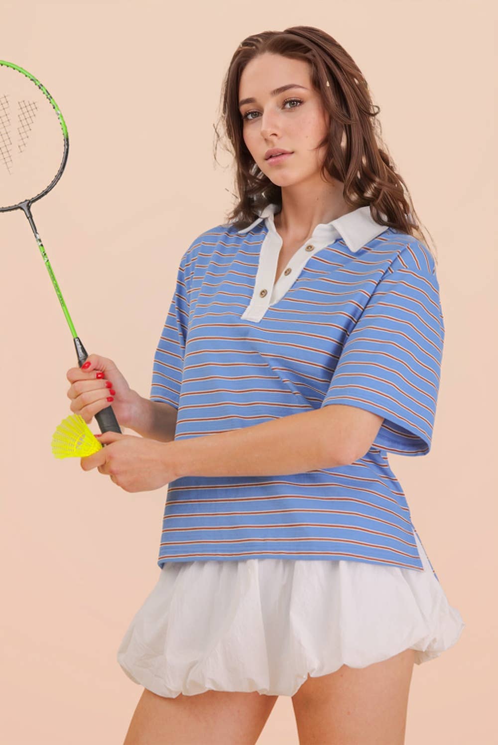 Oversized Stripe Knit Top W/ Cont Collar: BLUE MIX