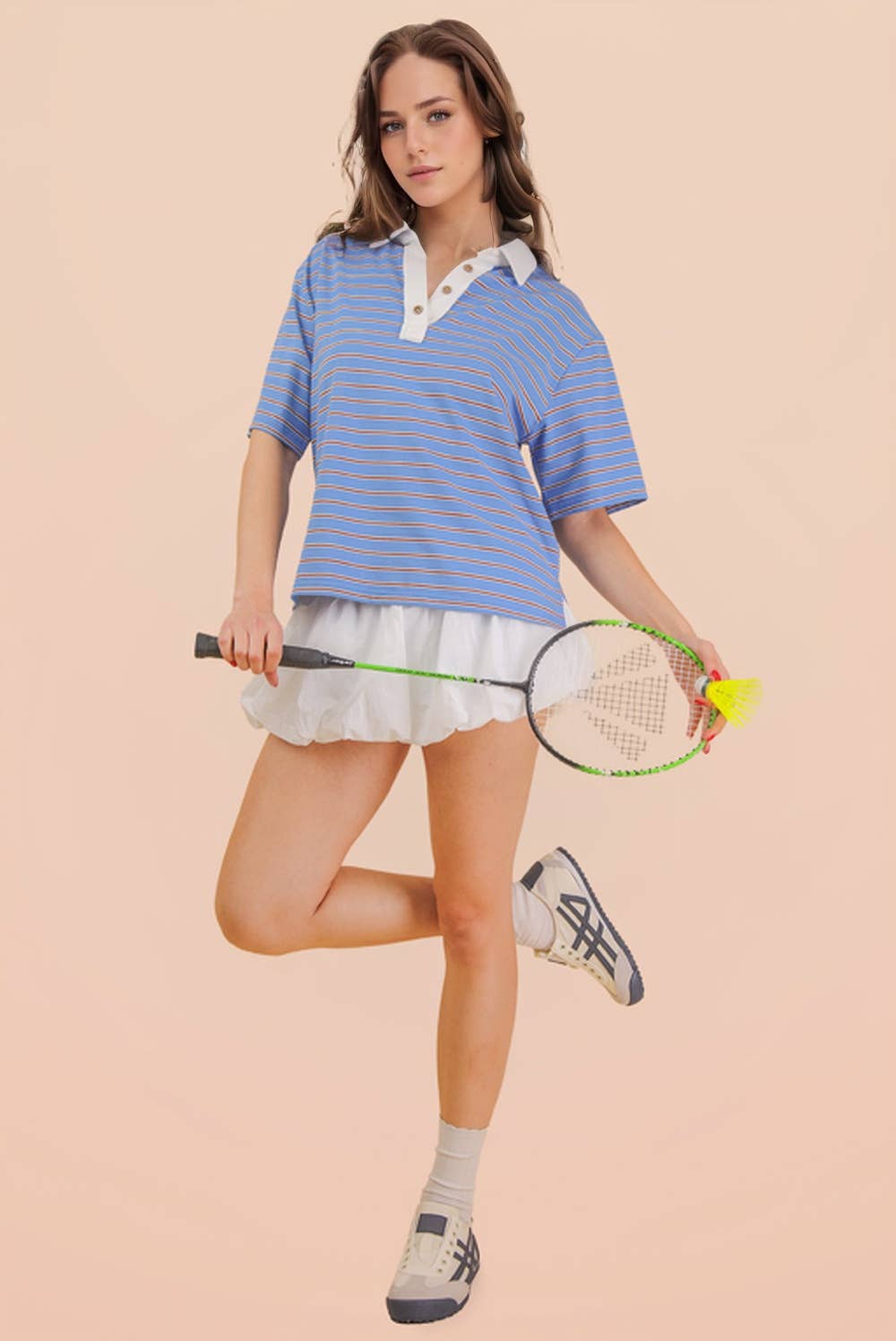 Oversized Stripe Knit Top W/ Cont Collar: BLUE MIX