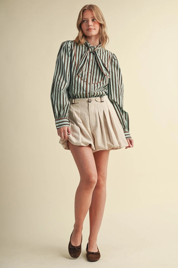 STRIPED TYING NECK BUTTON DOWN TOP